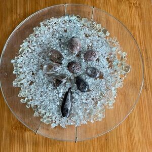 Elegant Flower Glass Plate with Quartz Gems and Fossils wall decor Handmade